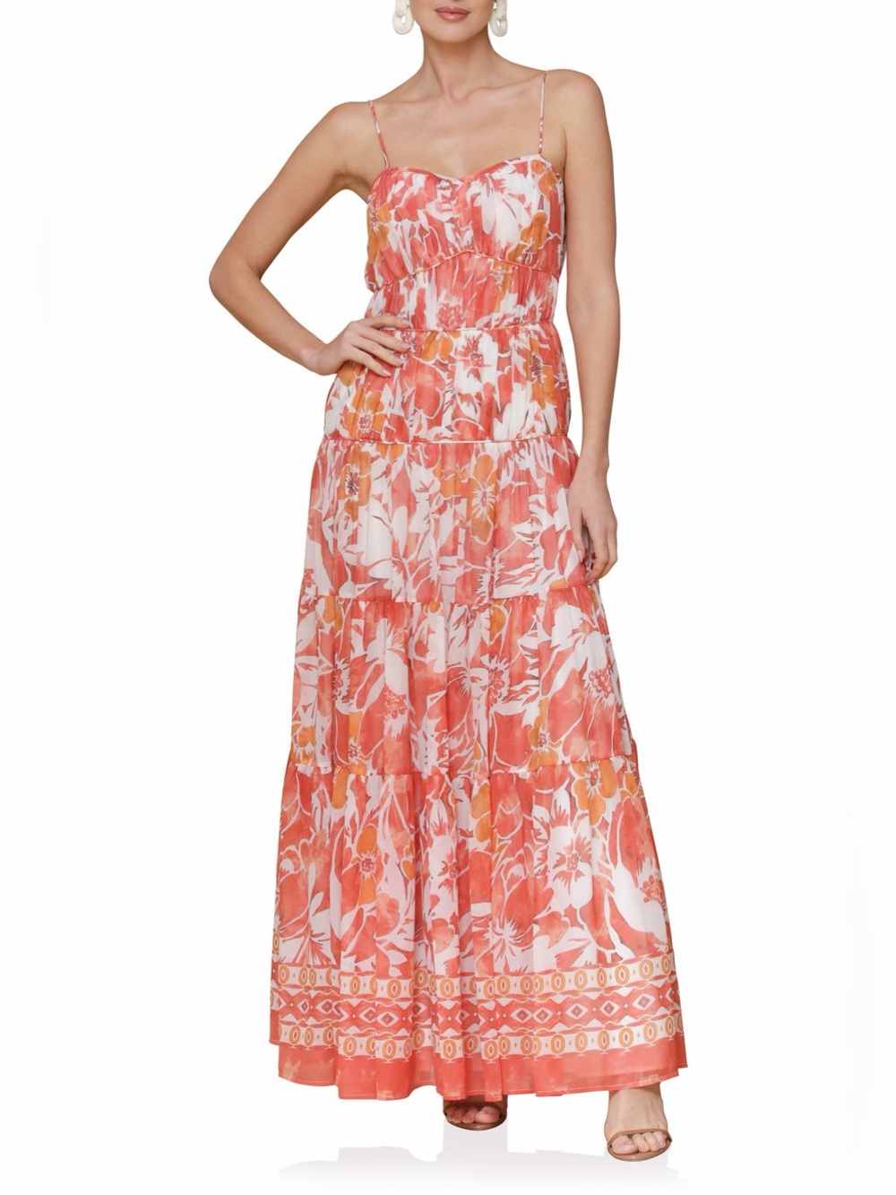 NWT Avec Les Filles Coral and White Floral Tiered Maxi Dress